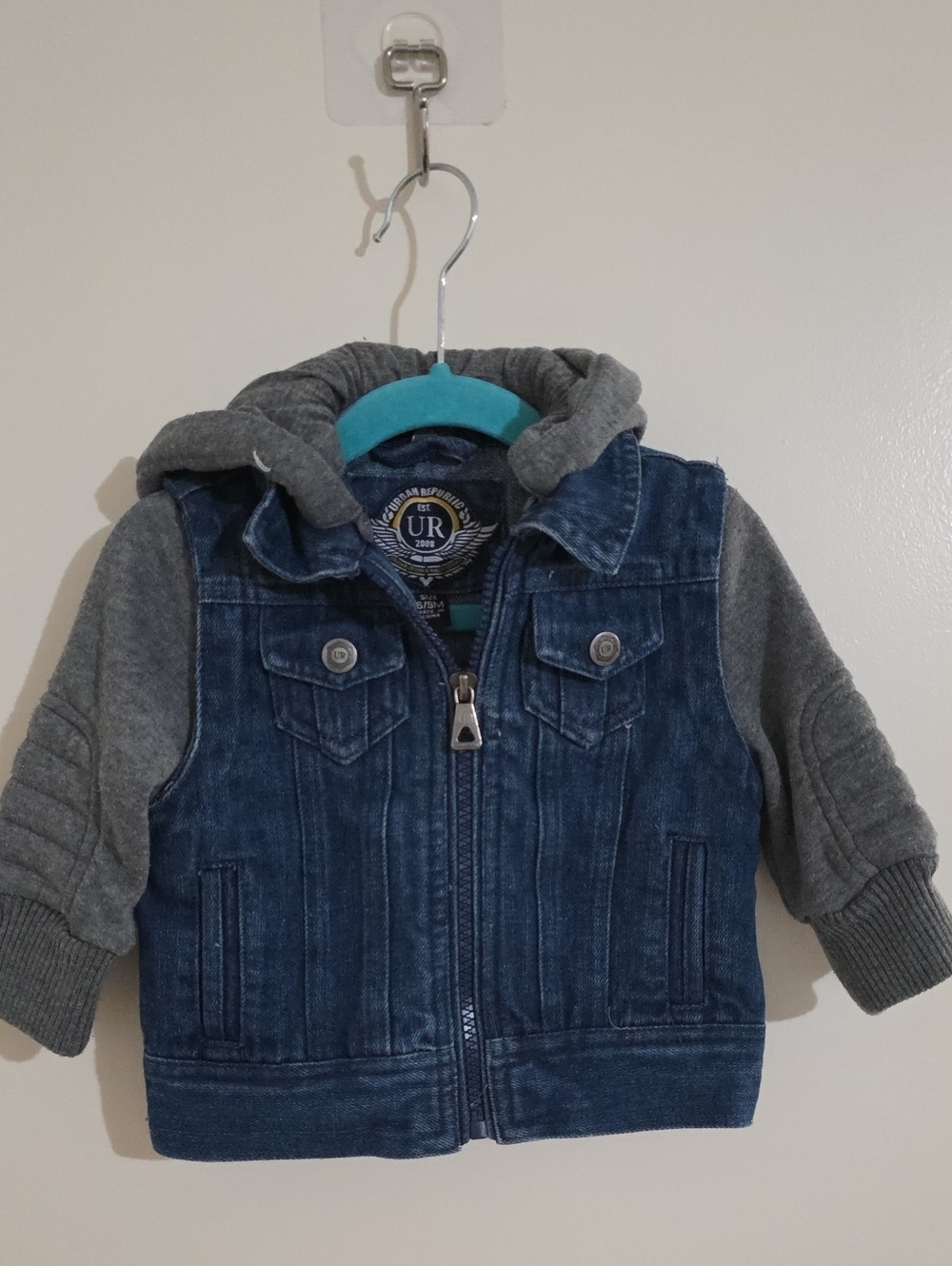 Urban Republic Blue Denim Jacket with Gray Hood & Sleeves